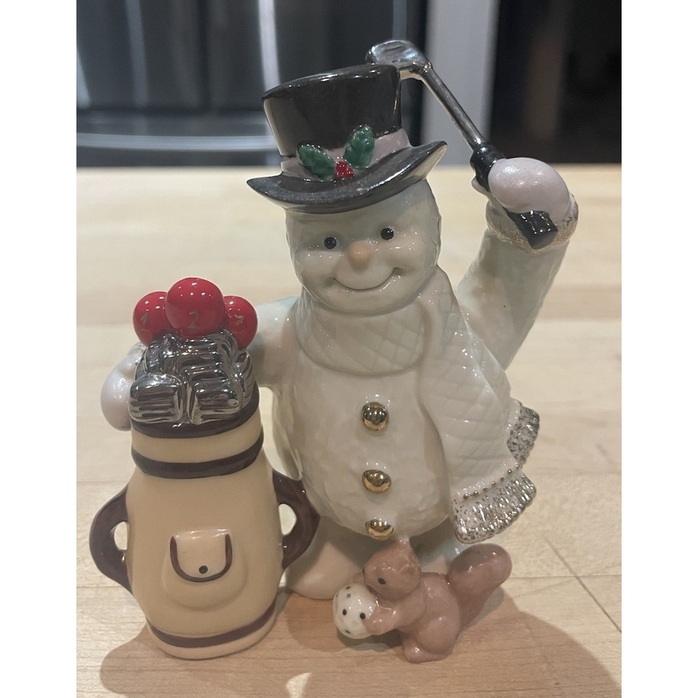 Vintage Lenox Golfing Snowman with Squirrel Caddy 4" Porcelain Figurine